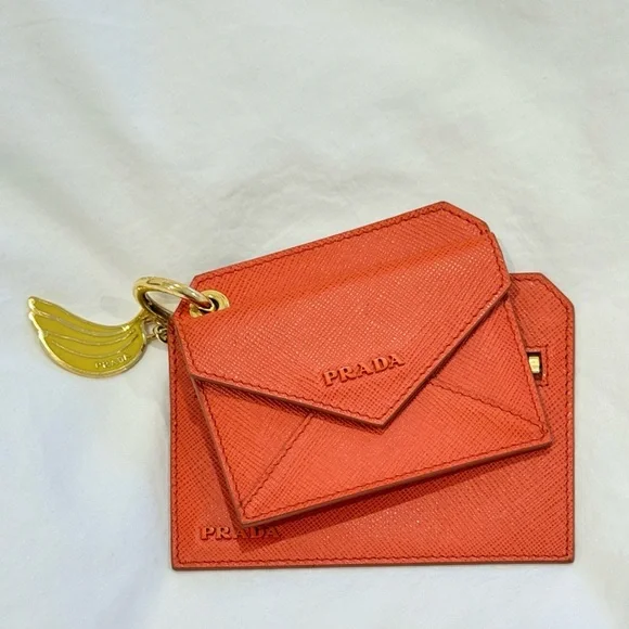 Prada Orange Saffiano Leather Banana Charm Keychain Wallet Card Case - Picture 9 of 9